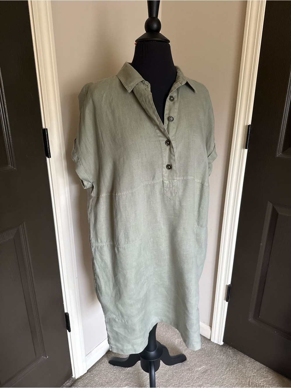 Nicole Miller Sage Green Linen Midi Shirt Dress
